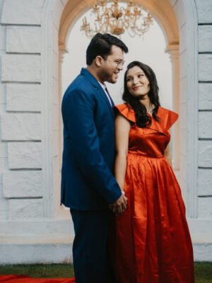 Red Overlap Neck Satin Trail Gown