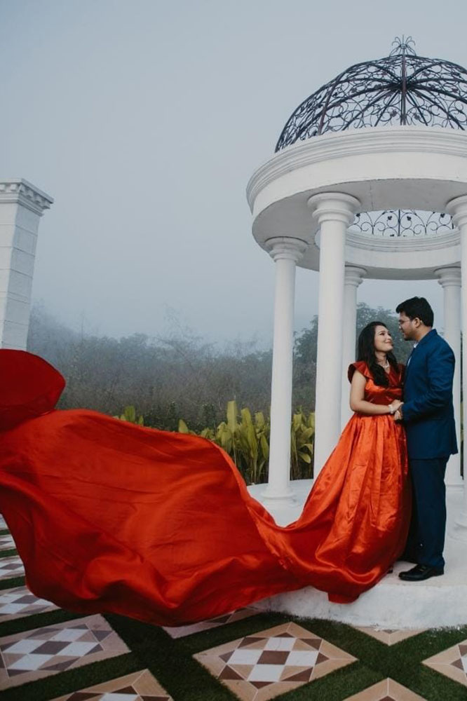 Red Overlap Neck Satin Trail Gown - Image 2