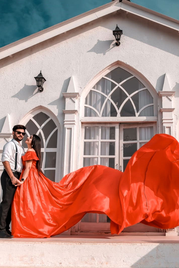 Red Overlap Neck Satin Trail Gown - Image 3