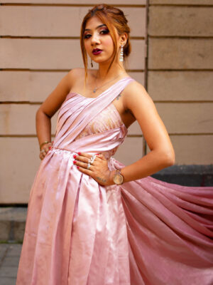 Rose Gold Satin One Shoulder Trail Gown