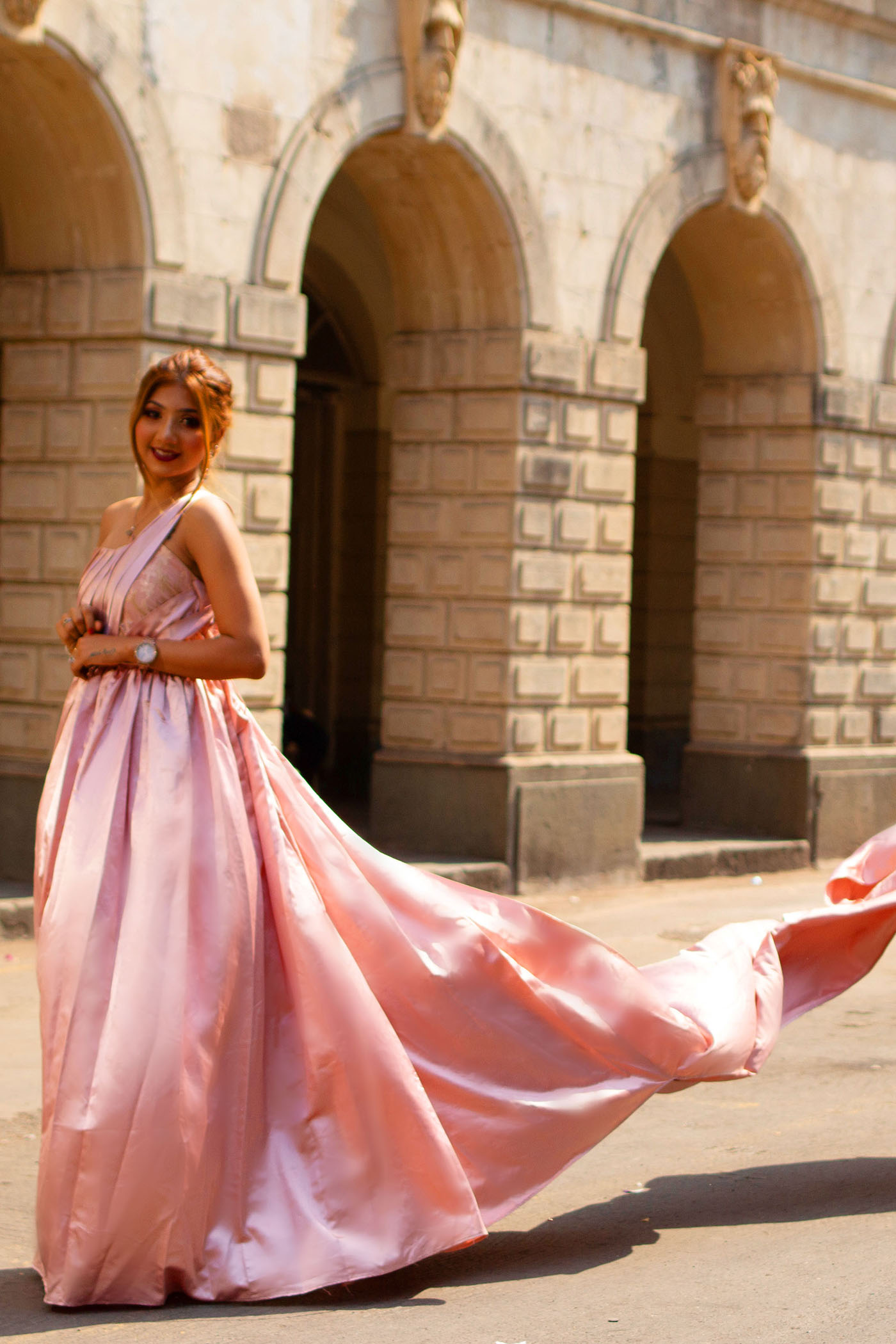 Rose Gold Satin One Shoulder Trail Gown - Image 2