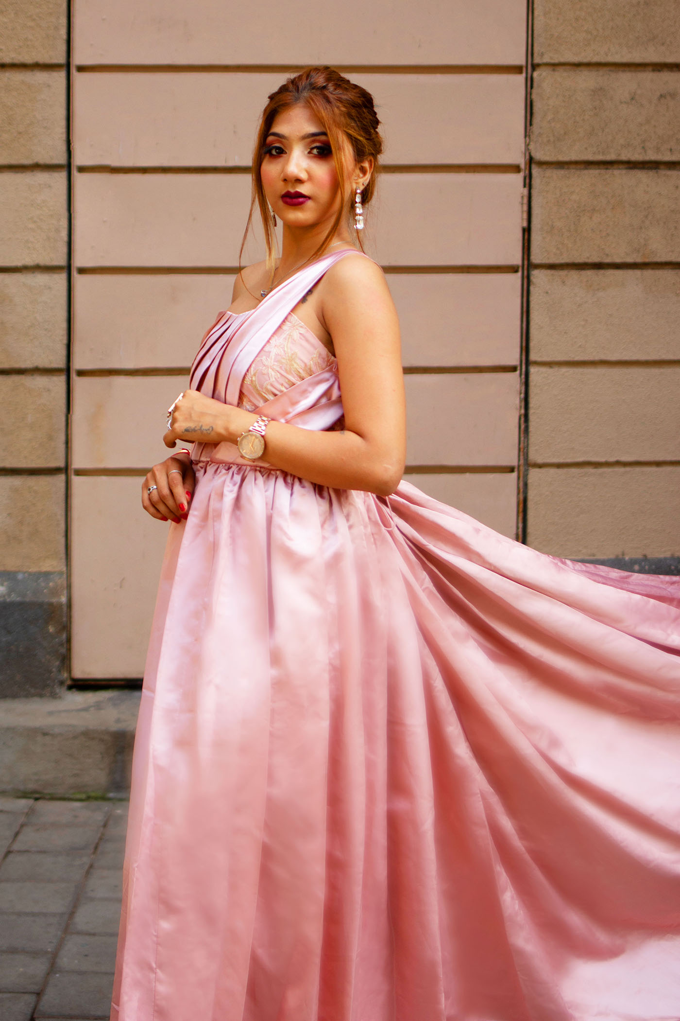 Rose Gold Satin One Shoulder Trail Gown - Image 3