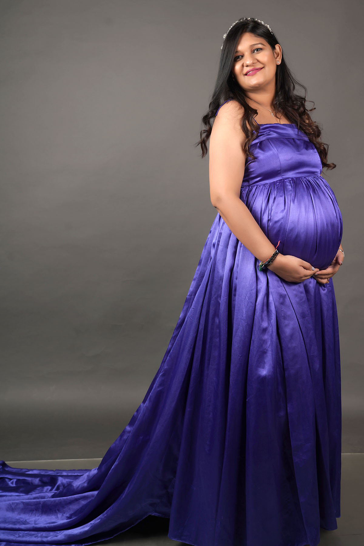 Royal Blue Satin Trail Gown - Image 2