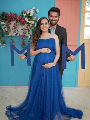 Royal Blue Textured Net Flare Gown