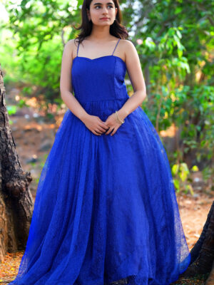 Royal Blue Textured Net Flare Gown