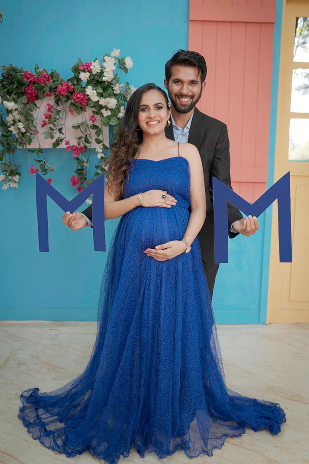 Royal Blue Textured Net Flare Gown