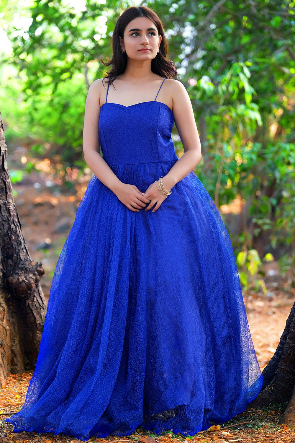 Royal Blue Textured Net Flare Gown