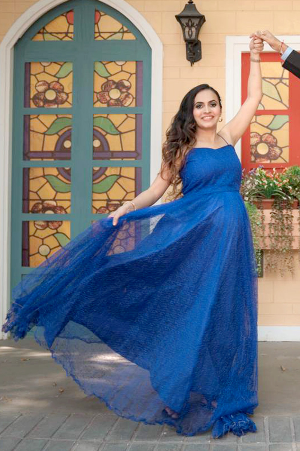 Royal Blue Textured Net Flare Gown - Image 2