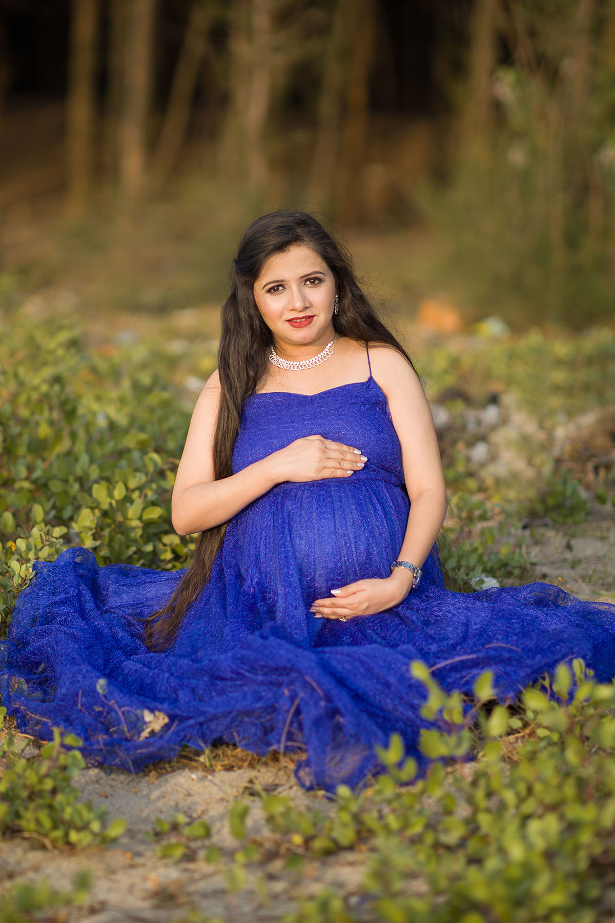 Royal Blue Textured Net Flare Gown - Image 3
