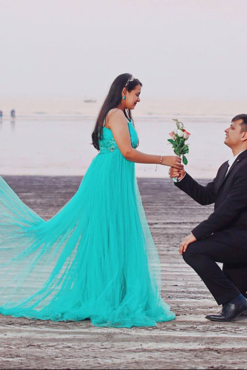Sea Green Net Trail Gown - Image 2
