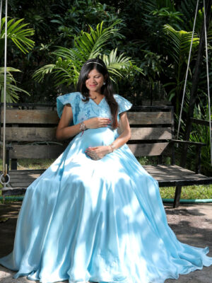 Sky Blue Embroidered Satin Gown