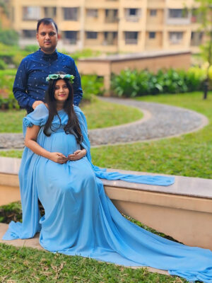 Sky Blue Georgette Infinity Trail Gown With Detachable Statement Flower Sleeves