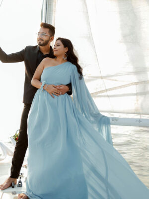 Sky Blue Georgette One Shoulder Infinity Trail Gown (Detachable Statement Flower Sleeves)