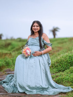 Slate Blue Satin Trail Gown