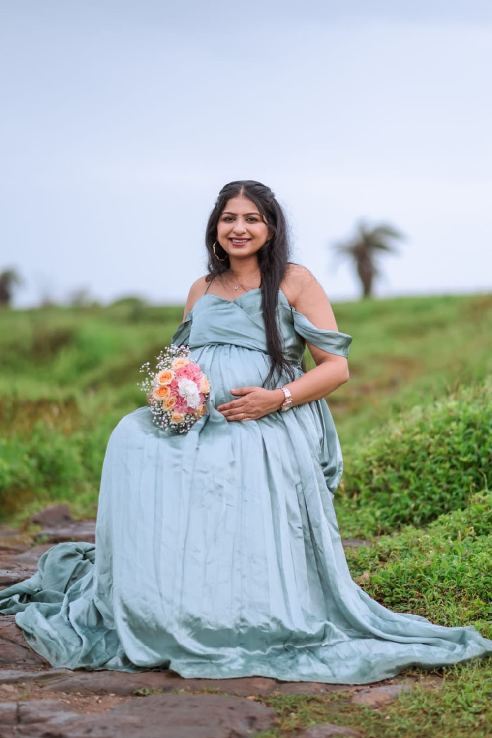 Slate Blue Satin Trail Gown