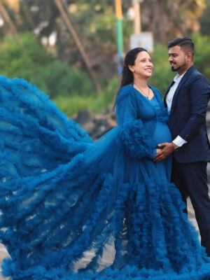 Teal Green Gown With Tulle Ruffled Detachable Longline Shrug