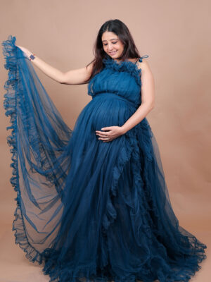 Teal Green Ruffled Illusion Slit Net Gown