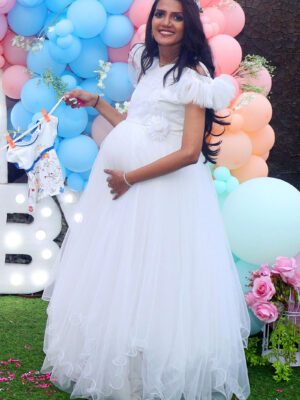 White Embellished Asymmetric Net Gown