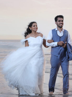 White Embellished Asymmetric Net Gown
