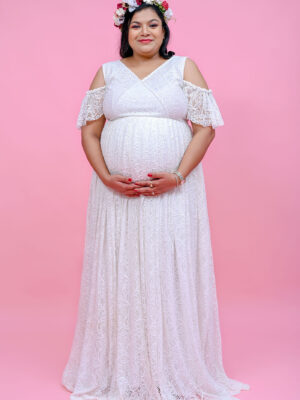 White Intricate Schiffli Cold Shoulder Gown With Detachable Skirt