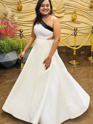 White Scuba Sequin Detail One Shoulder Sleek Gown