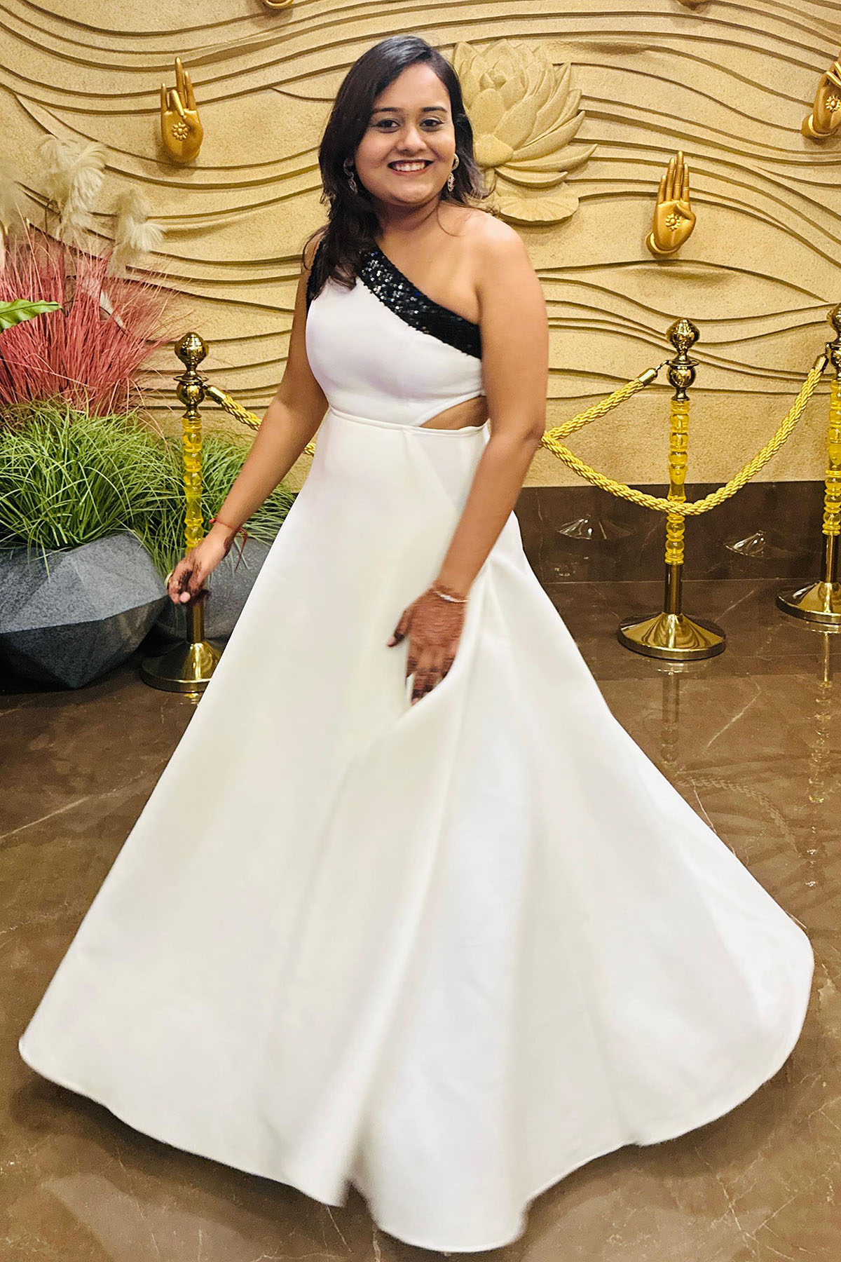 White Scuba Sequin Detail One Shoulder Sleek Gown