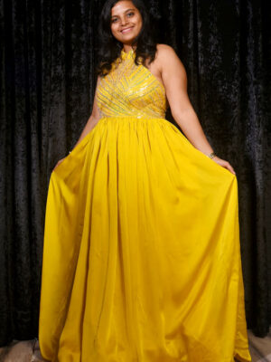 Yellow Satin Halter Neck Embroidered Flare Gown