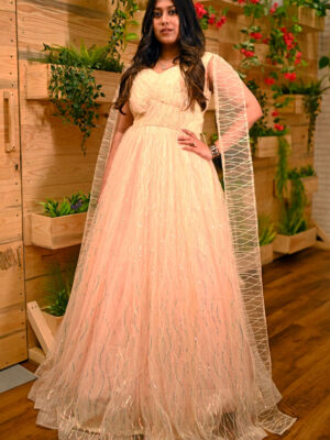 Yellow Sequence Net Flare Gown