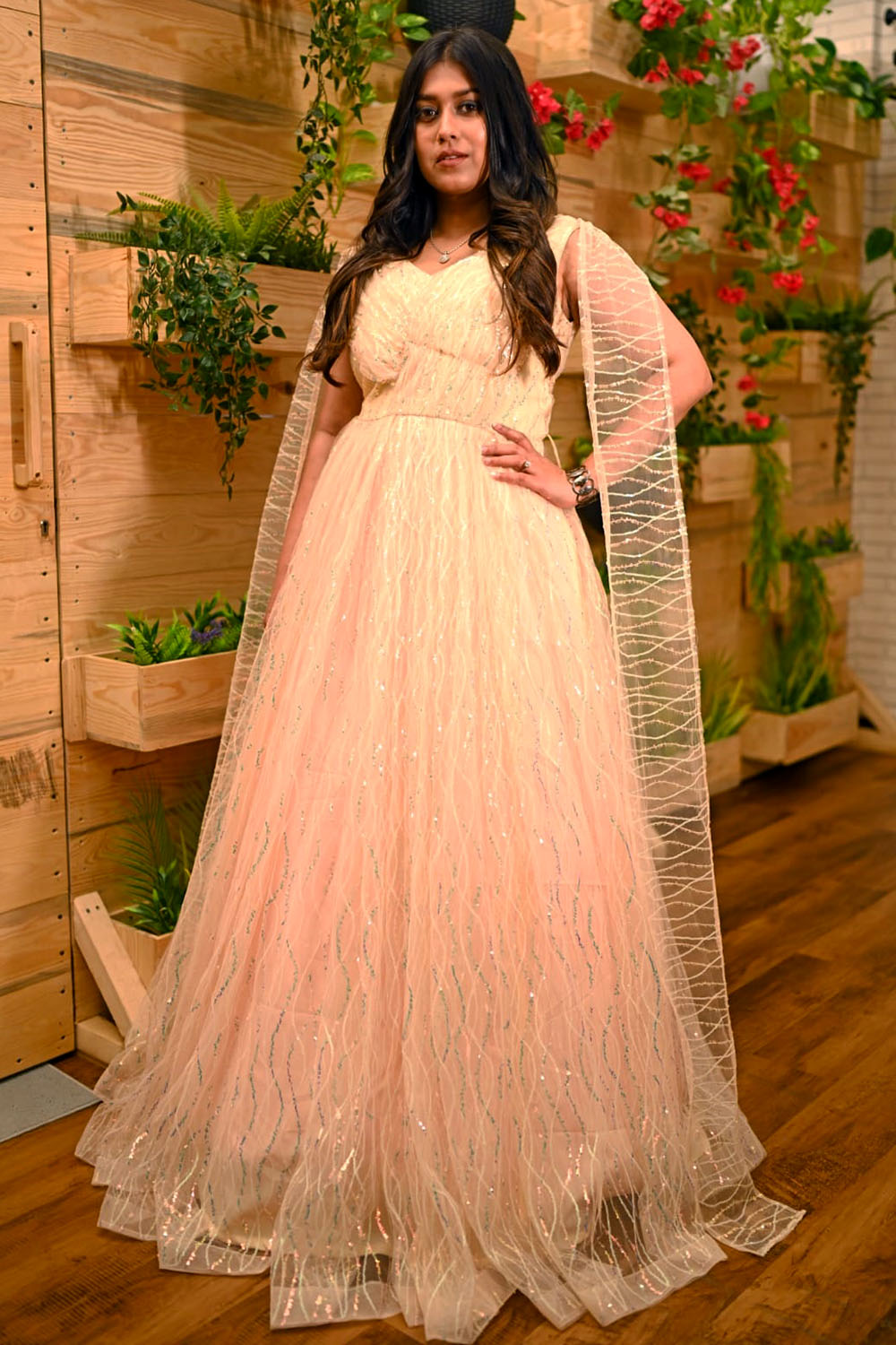 Yellow Sequence Net Flare Gown